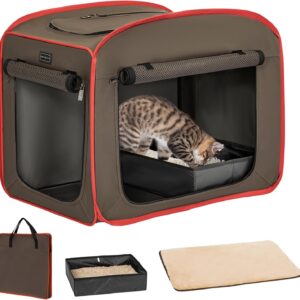 Petsfit Portable Cat Crate with Litter Box and Soft Cushion, Collapsible Pop Up Cat Kennel with Carrying Bag for Travel