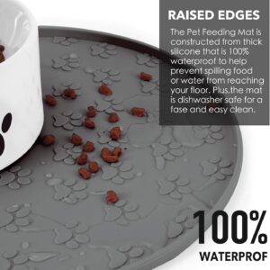 Silicone Pet Food Mat – Waterproof Dog Food Bowl Mat Cat Feeding Mat Thicker Pet Placemat Eating Mat with High Lip to Prevent Spills, Dog & Cat Water Bowl Mat for Messy Drinkers to Protect Floors,Gray
