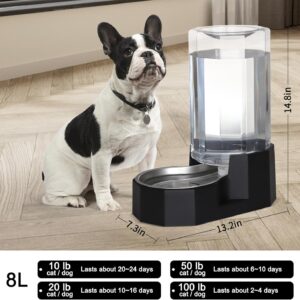 Sfozstra Large Dog Water Dispenser: 8L Automatic Black Water Feeder with Stainless Steel Bowl – Without Filter – Gravity Design for Multiple Pets Indoor/Outdoor