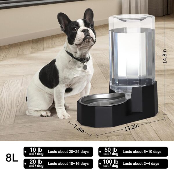 Sfozstra Large Dog Water Dispenser: 8L Automatic Black Water Feeder with Stainless Steel Bowl - Without Filter - Gravity Design for Multiple Pets Indoor/Outdoor - Image 2