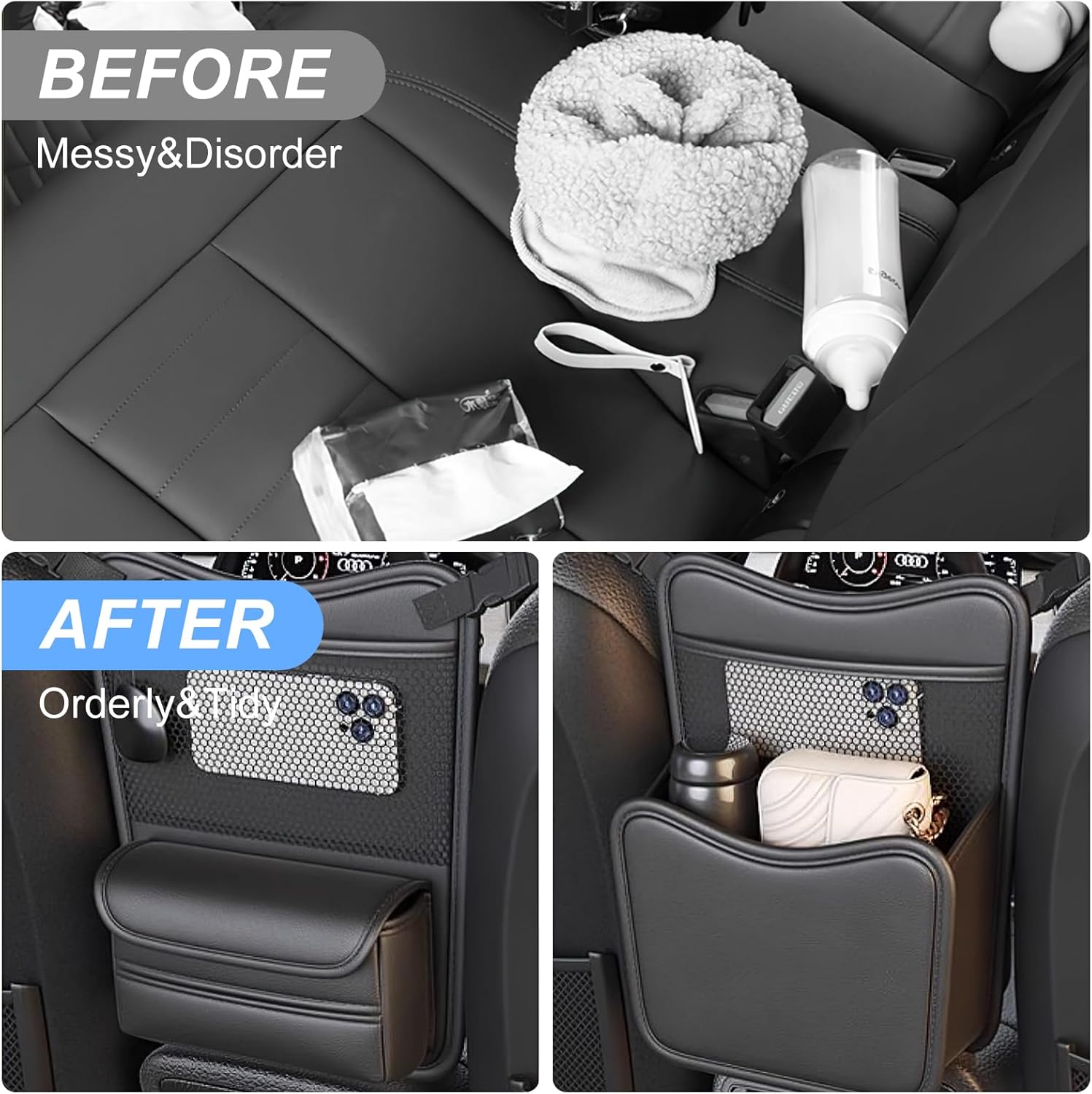 Car Organizer Storage Between Seats, Nappa Leather Headrest Hanging Storage Bag Pocket Purse Holder Snack Holder Automotive Console Organizer for Travel, Driving - Image 4