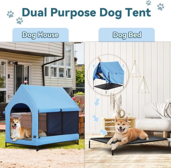 PETSFIT Dog House Outdoor, Upgraded Dog Shelter with Weatherproof PVC Canopy, Breathable Mesh Windows and Sunshades, Elevated Dog Bed with Protable Carring Case (Blue) - Image 6