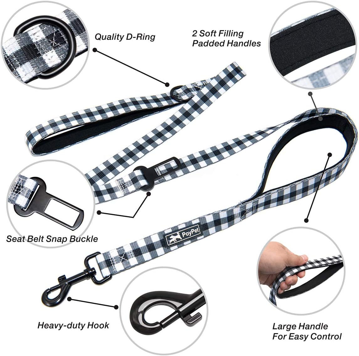 PoyPet 5 Feet Dog Leash - 2 Cushioned Handles - Functional Car Seat Belt (Grid, L) - Image 3