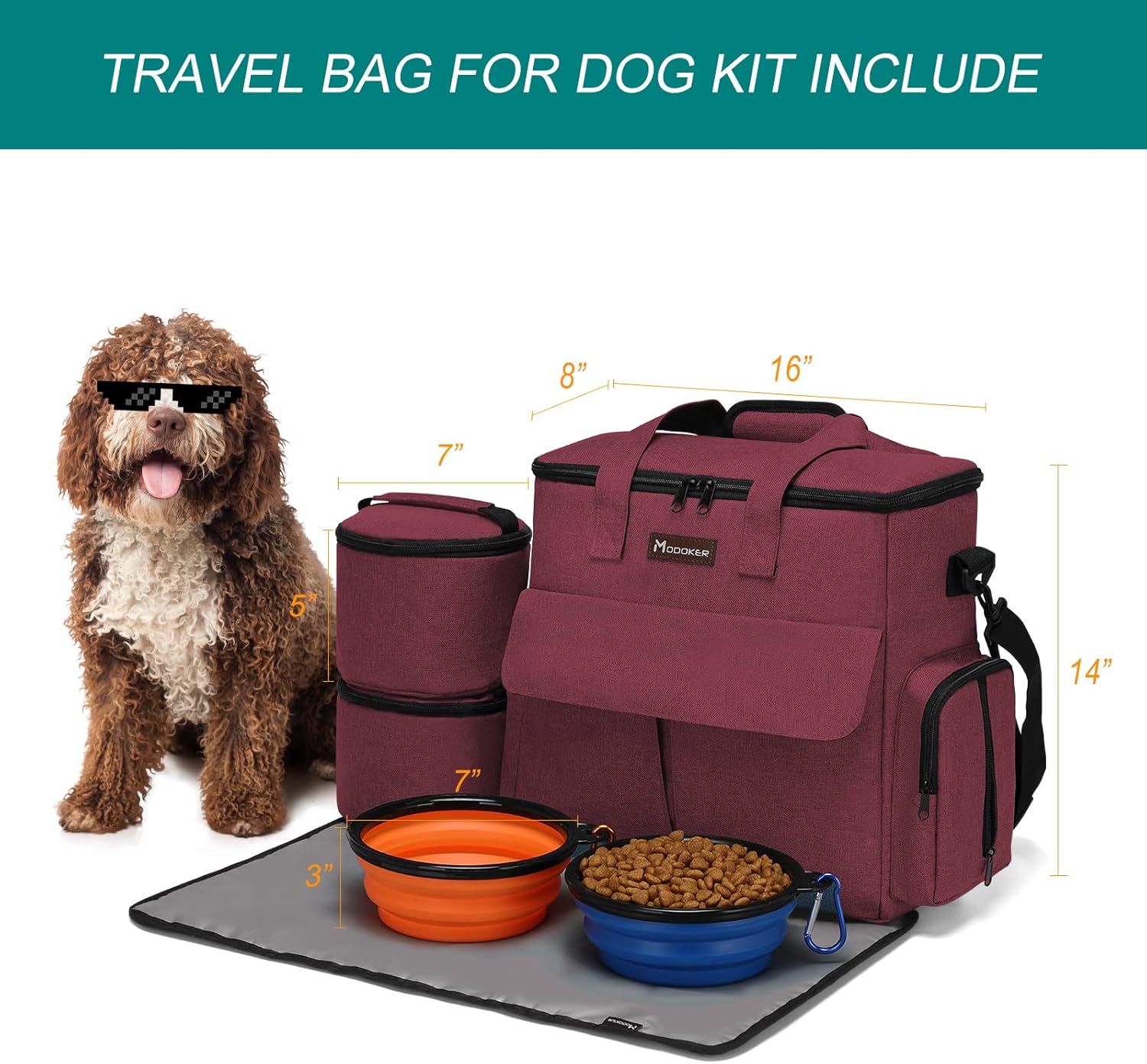 Airline Approved Pet Travel Bag, Weekend Travel Set for Dog and Cat, Airline Approved Tote Organizer with Multi-Function Pockets, 2 Dog Food Storage Containers, 2 Collapsible Bowls (Rose Red) - Image 4