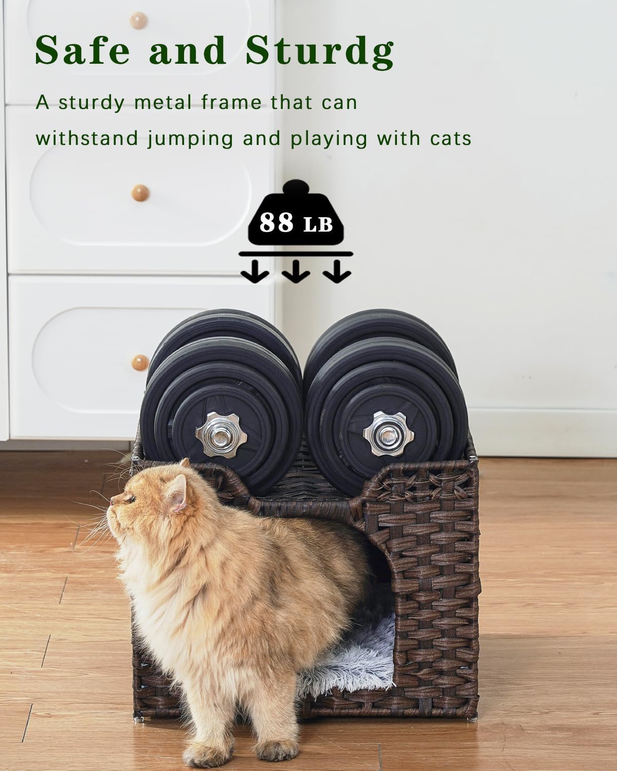 Cat Beds Indoor Kitten House, Handwoven Rattan Cat Cave Pet Cube, Large Cat Houses, One Bed Mat, Foldable, Hideaway, 16.5x16.5x13.2 Inches, 2 S-Shaped Hooks in Living Room Bedroom Brown - Image 3