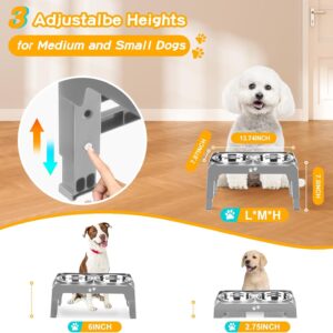 Elevated Dog Bowls for Small Medium Dogs, 3 Height Adjustable Raised Stand with 2 Thick 6″ Stainless Steel Food Bowls, Non-Slip Feeder Adjusts to 2.75″, 6″, 7.5″, Grey