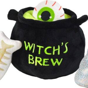 Halloween Witch's Brew Plush Dog Toy Set, Black Cauldron with 3 Squeaky Toys, Spooky Pet Play Collection