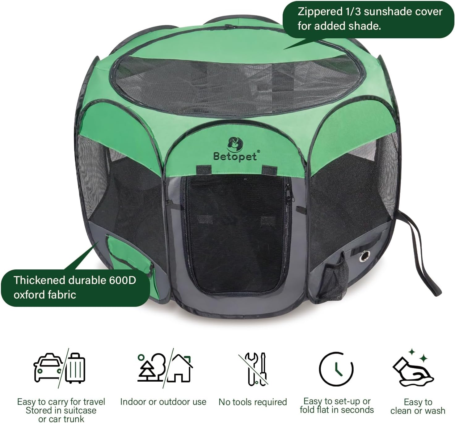 Upgraded Pet Dog Playpen for Small/Medium/Large Dogs Indoor/Outdoor, 600D Oxford Fabric Green Portable Cat Playpen Enclosed with Removable Zipper Top and Bottom,Plus Large - 56*56*29.20 IN - Image 3