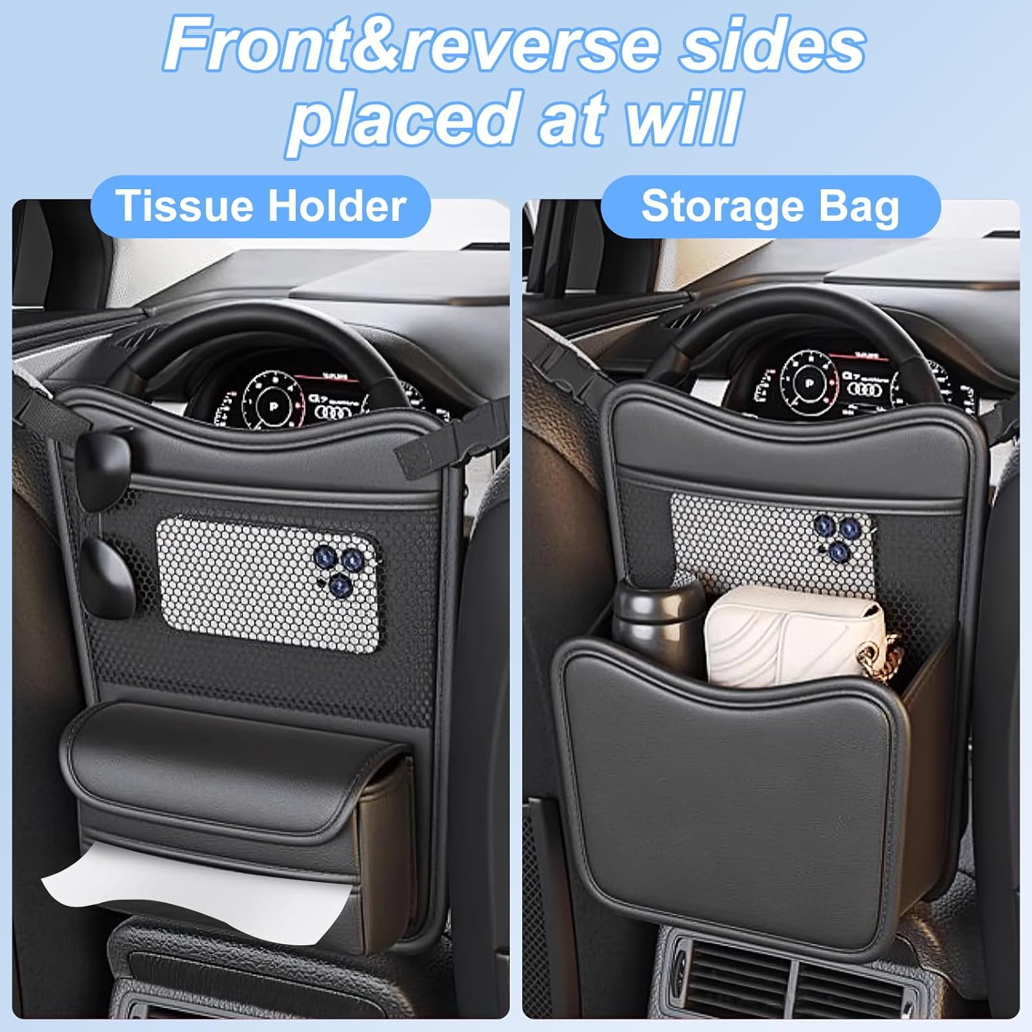 Car Organizer Storage Between Seats, Nappa Leather Headrest Hanging Storage Bag Pocket Purse Holder Snack Holder Automotive Console Organizer for Travel, Driving - Image 2