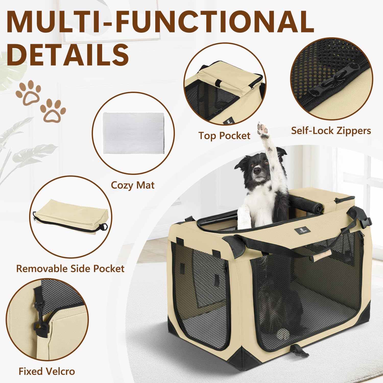 X-ZONE PET Dog Crate 3-Door Kennel, Collapsible Portable Soft Sided Pet Carriers for Indoor & Outdoor, Multiple (28-Inch, Rice White) - Image 2