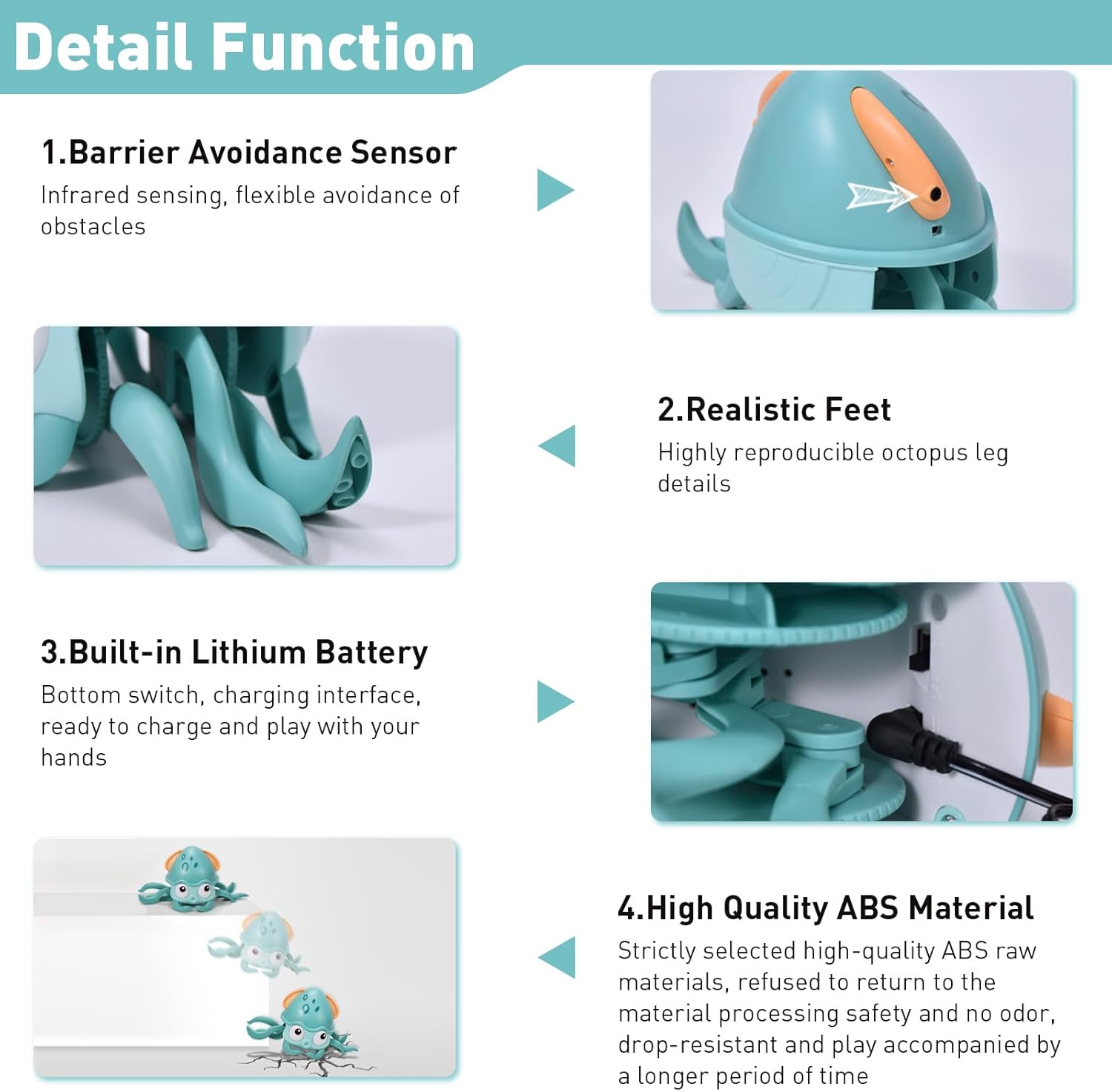 ETIAL Crawling Octopus Dog Toy with Obstacle Avoidance Sensor, Funny Dog Chase Toys, Interactive Squeaky Dog Toys with Music Sounds & Lights for Pets Dogs Cats to Keep Them Busy - Image 3