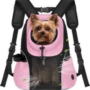 WOYYHO Pet Dog Carrier Backpack Small Dog Front Backpack Ventilated Mesh Dog Travel Back Pack with Safety Belt for Travel Hiking Cycling Outdoor Adventures (Size M: 5-9 lbs, Pink)
