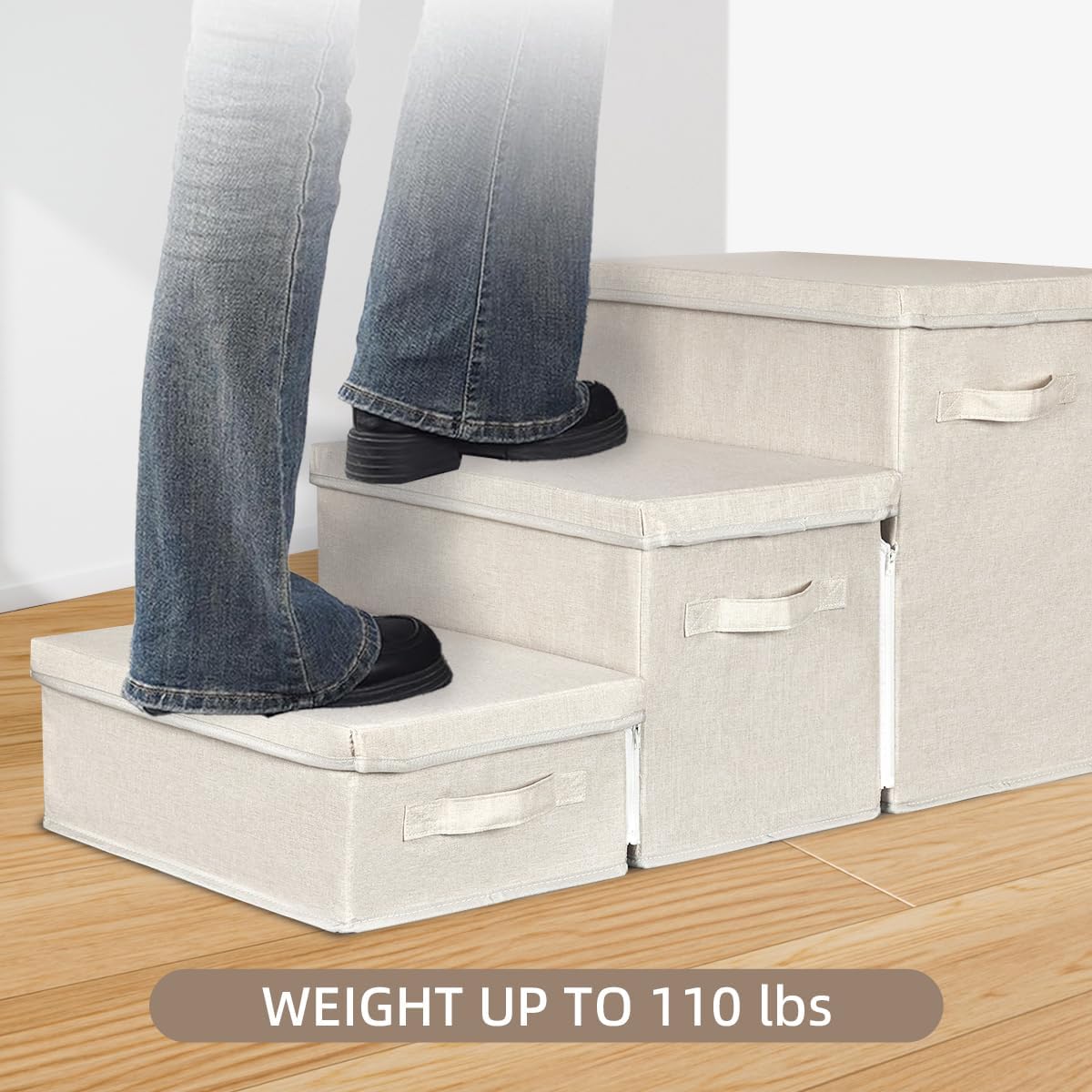 Pet Stairs with Storage, Pet Step for Small Dogs and Cats, 3-Step Folding Pet Steps with Zip, Cat Stairs Dog Steps for Bed, Couch and Car Ramp (Beige, 3 Steps no Condo) - Image 5