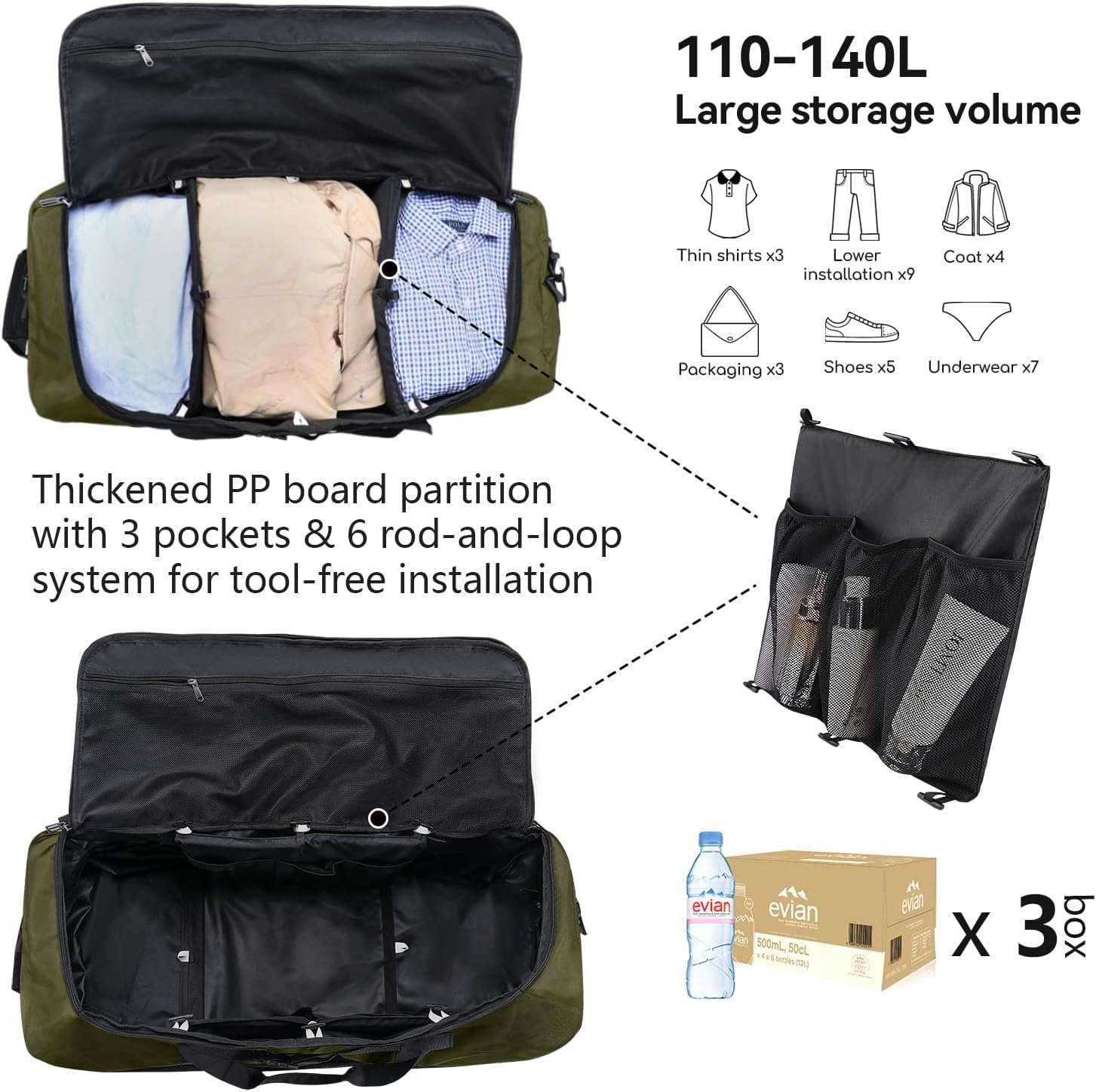 Vomgomfom Wheeled Collapsible Duffel Bag,110L-140L Expandable Checked Luggage, No-Telescopic-Handle with Anti-Burst Zipper & Reinforced Frame,Army Green - Image 2