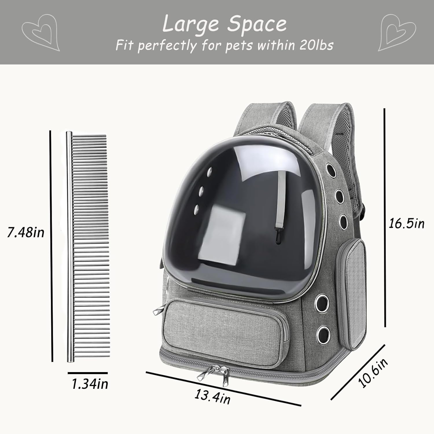 Cat Carrier with Groomer, Breathable Cat Bubble Carrier for Cats or Small Dogs up to 20 lbs, Collapsible Airline Approved, Clear Cat Travel Backpack (Grey) - Image 2