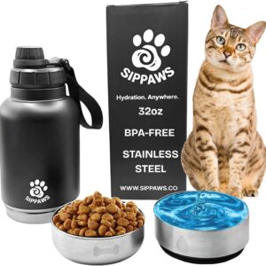 Portable Cat Water Bottle, 32oz – Leakproof Stainless Steel with Dual Detachable Bowls – BPA-Free, Insulated Hydration for Cats – Perfect for Travel, Road Trips, Park Outings – Satin Black