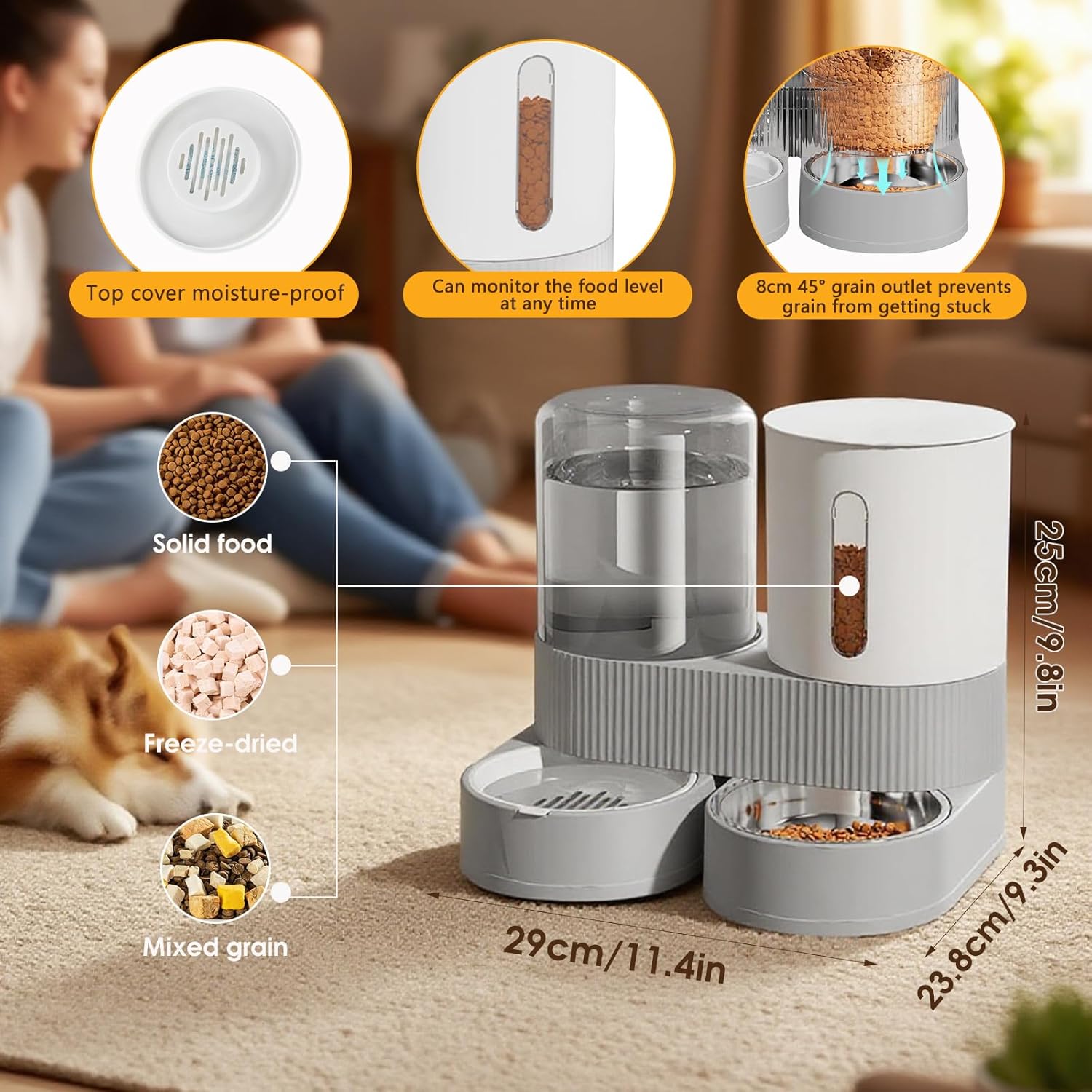Automatic Gravity Cat Dog Feeder and Water Dispenser with 304 Stainless Steel Bowls 2 in 1 360 Degree Rotatable Auto 2.4L Dry Food and 2.6L Water Bowl for Small Medium Pet Dog Puppy Kitten (Gray) - Image 5