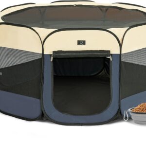 A4Pet Collapsible Playpen, 39.5” Portable Dog Playpen with Bowl, Suitable for Puppies, Kittens, and Small Animals, Removable Zipper & Mesh Panel(16”W × 10”H)