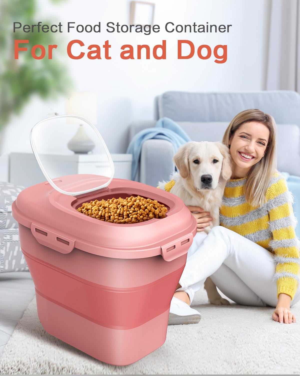 ANVS Dog Food Storage Container - Collapsible Dog Food Container with Airtight Lids, Scoop and 2.5L Small Pet Food Storage Container Dry Food For Dog, Cat and Other Pet Food (Pink, 30 lbs) - Image 3