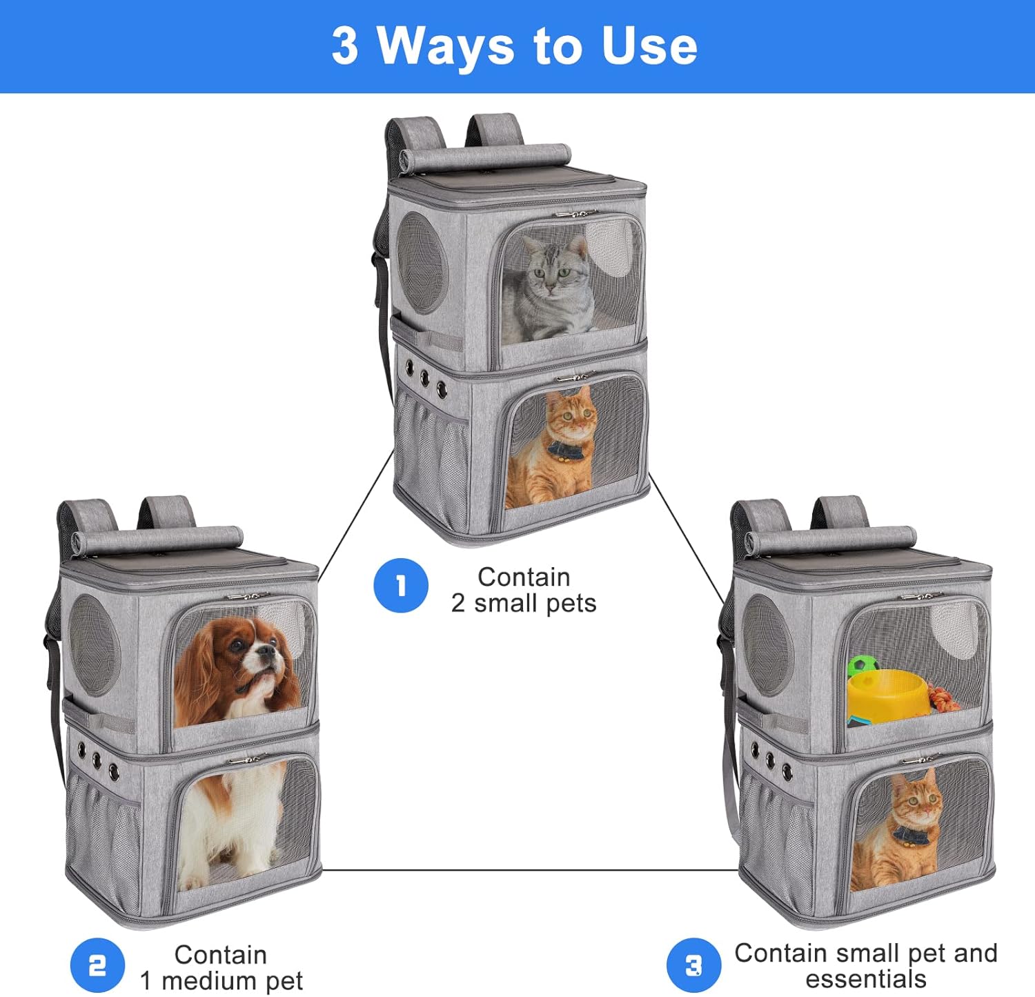 2-in-1 Extra Large Double Pet Carrier Backpack for Small Cats and Dogs, Portable Pet Travel Carrier, Super Ventilated Design, Ideal for Traveling/Hiking/Camping, XL - Image 2