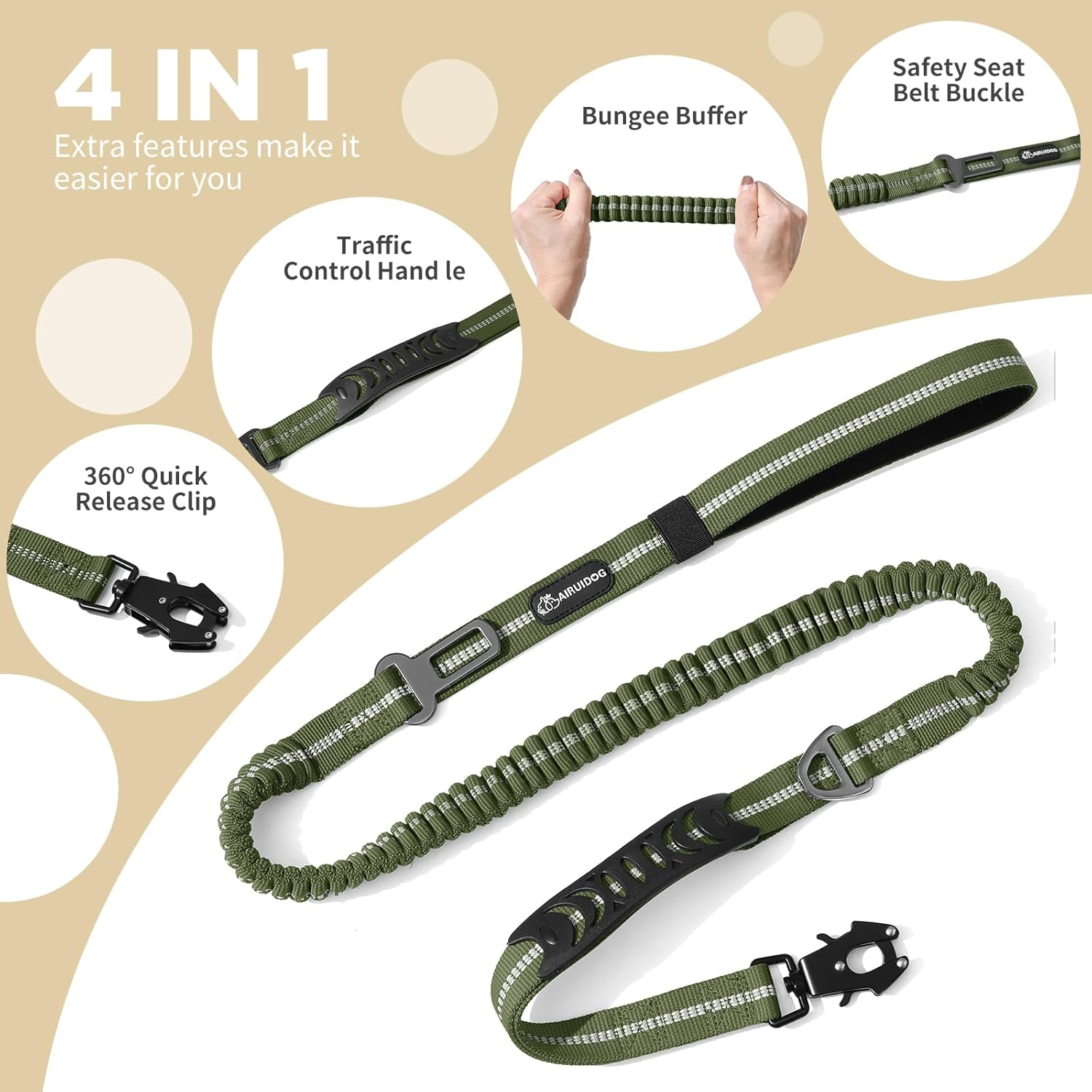 Heavy Duty Tactical Bungee Dog Leash, 4-6FT Shock Absorbing Tactical Dog Leash with 2 Padded Handles, Metal Carabiner Clip, Car Seatbelt, Reflective for Medium Large Dogs (ArmyGreen) - Image 3