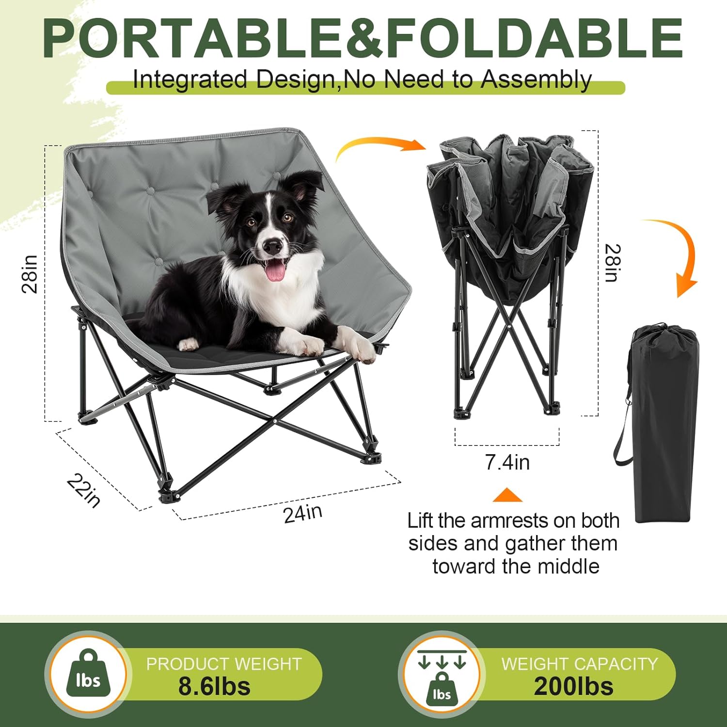 Portable Dog Camping Chairs for Dogs Raised Pet Bed for Outdoor Folding Chair Patio Lazy Puppy Cot Heavy Duty Pet Camping Gear(28x 24 x 22 Inches,Gray) - Image 2