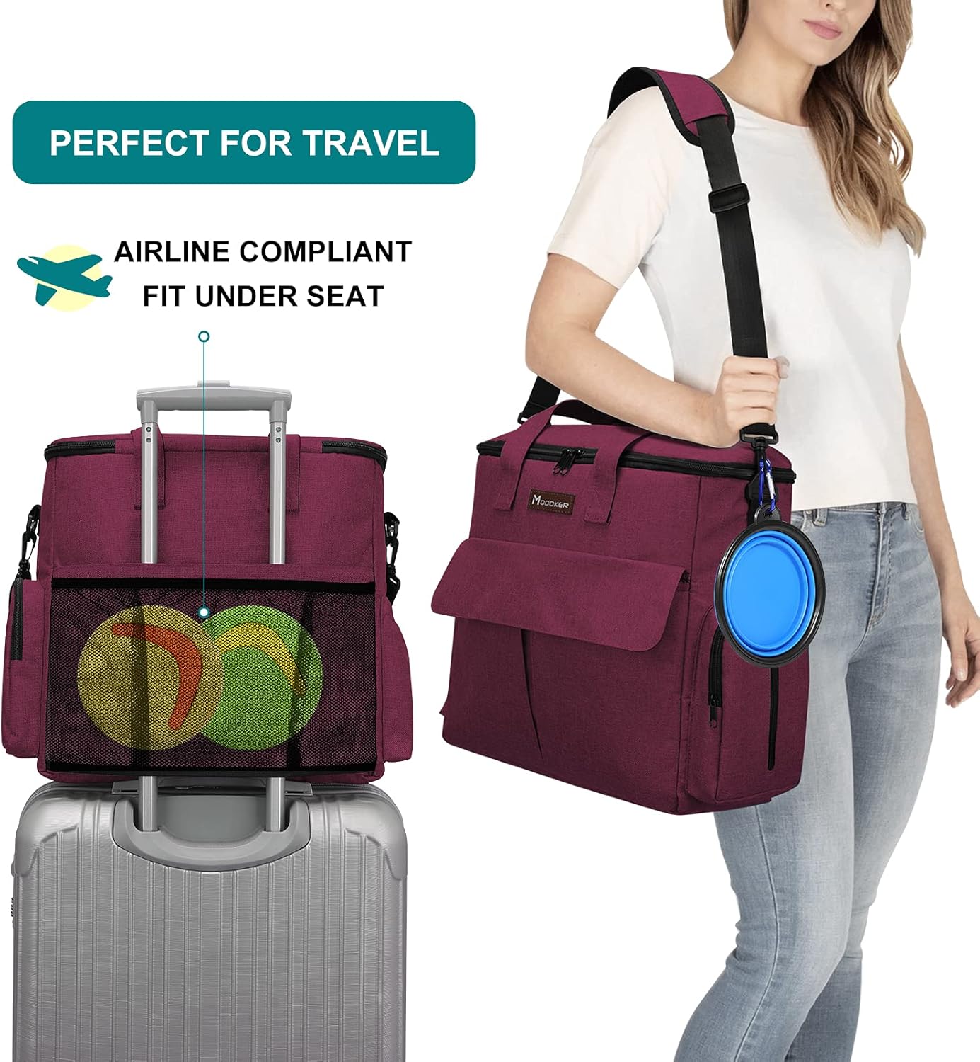 Airline Approved Pet Travel Bag, Weekend Travel Set for Dog and Cat, Airline Approved Tote Organizer with Multi-Function Pockets, 2 Dog Food Storage Containers, 2 Collapsible Bowls (Rose Red) - Image 5