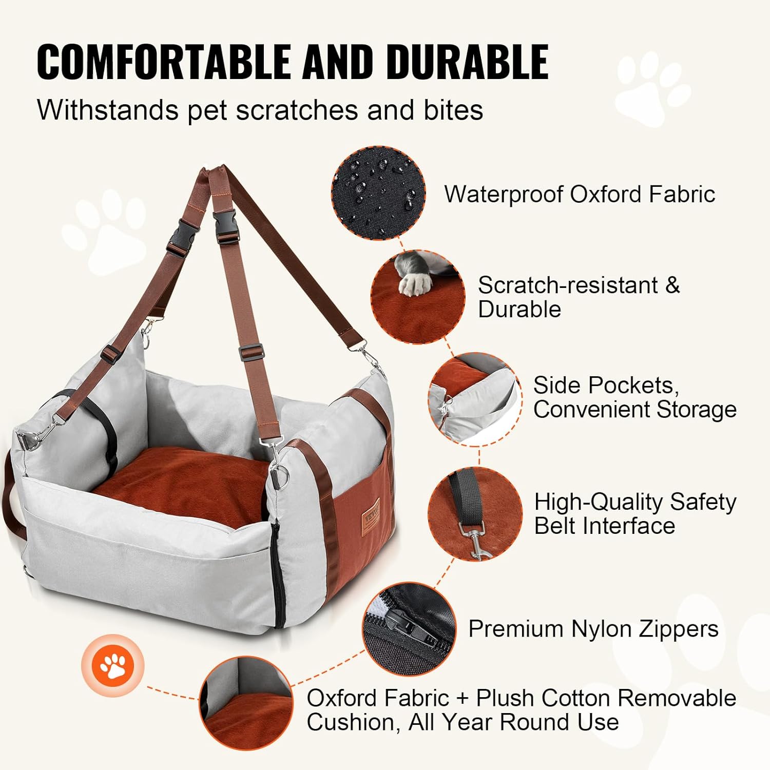 VEVOR Dog Car Seat, Waterproof Dog Booster Seat for Car with Side Handles and a Storage Pocket, Clip-On Safety Leash and PP Cotton Filling, Vehicle Bed for Small Dogs up to 25lbs, Gray - Image 3