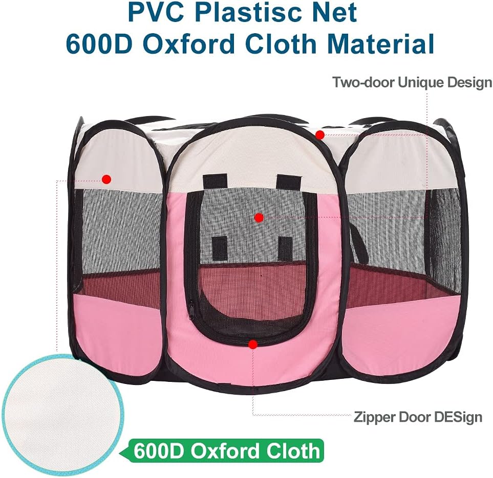 XianghuangTechnologyPet Portable Foldable Playpen, Dog/Cat/Puppy Exercise Pen Kennel, Removable Mesh Shade Cover (Pink) - Image 3