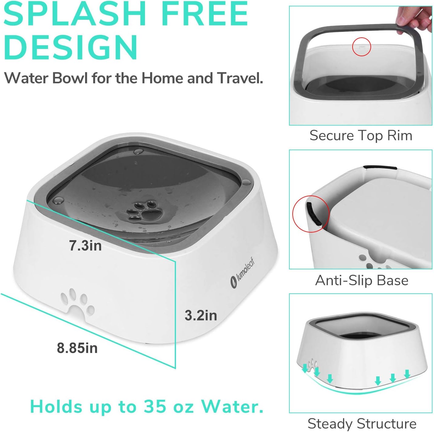 LumoLeaf No Spill Water Bowl for Dogs, Slow Feeder for Messy Drinkers, Drip-Free, Splash-Proof Design (Grey, 35oz) - Image 4