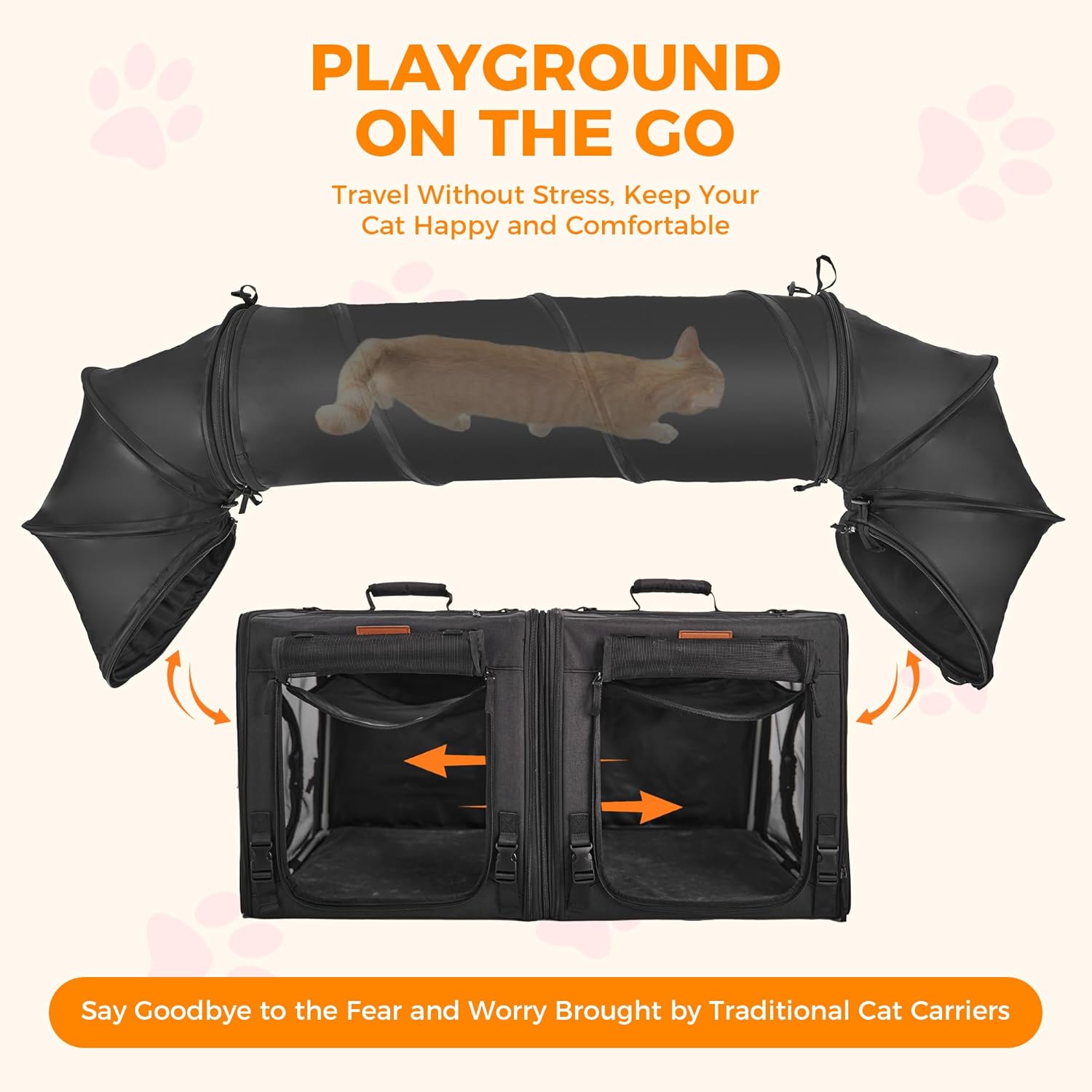 PETUX 2-in-1 Double Cat Carrier for Multiple Cats - Large Cat Travel Carrier with Litter Box, Play Tunnels, and Hammock - Portable Pet Carriers for Long Car Trips & Vet Visit (34"x17"x17", Black) - Image 2