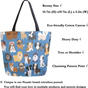 Naanle Animal Dogs Canvas Tote Bag – Large Women’s Casual Shoulder Handbag, Cute Dogs Reusable Multipurpose Heavy Duty Shopping Grocery Cotton Bag for Outdoors