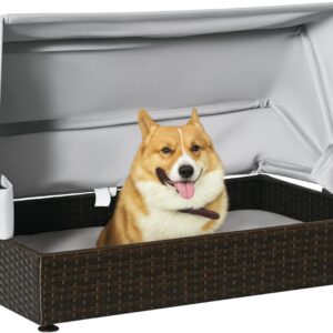 PawHut Rattan Dog Bed, Elevated Pet Sofa, Wicker Cat House, Indoor/Outdoor Use, for Garden Patio with Foldable Canopy, for Small or Medium-Sized Pets, Coffee