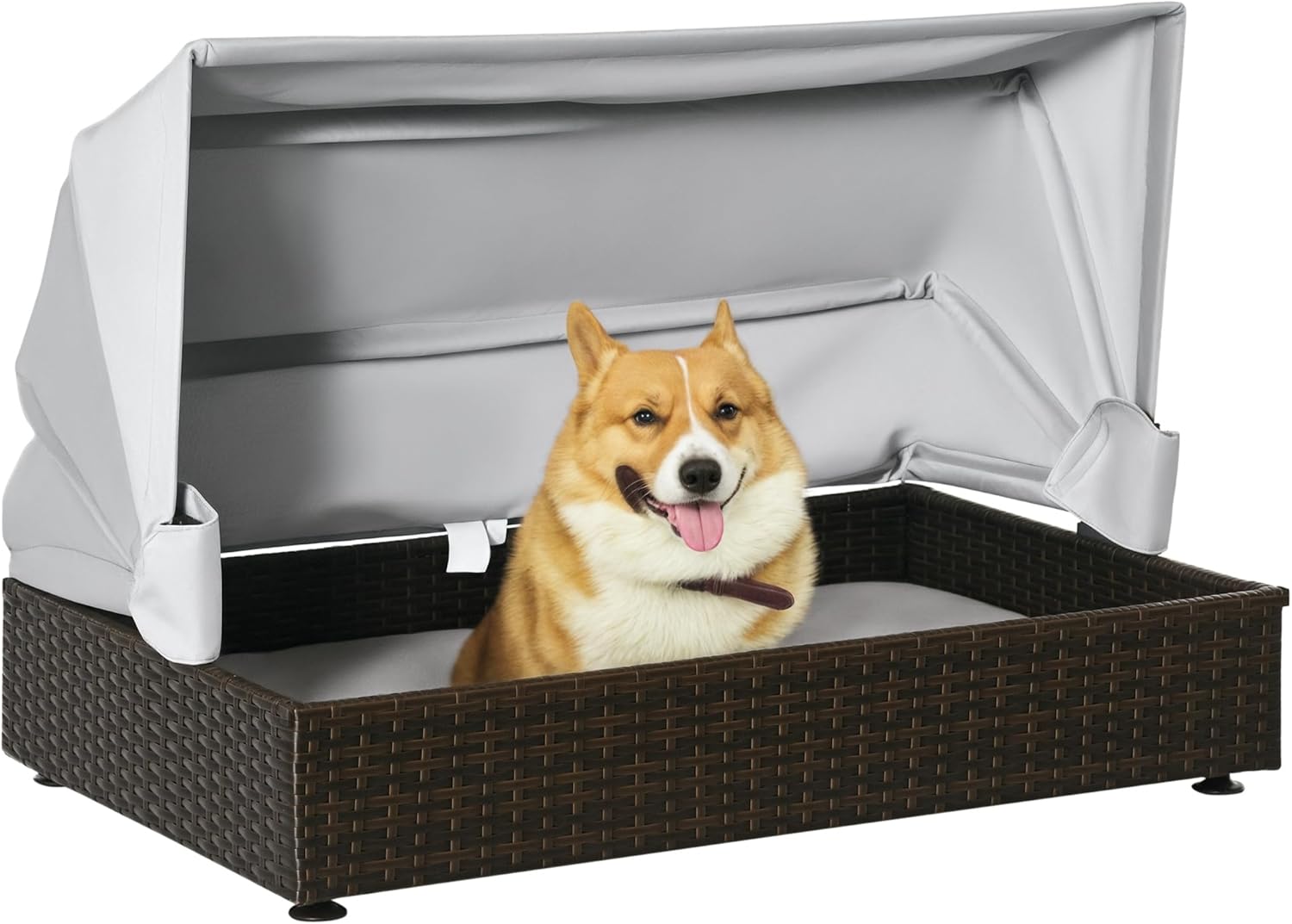 PawHut Rattan Dog Bed, Elevated Pet Sofa, Wicker Cat House, Indoor/Outdoor Use, for Garden Patio with Foldable Canopy, for Small or Medium-Sized Pets, Coffee