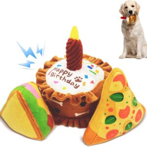 Birthday Squeaky crinkly Cake Aggressive chew for pups Sandwiches Pizza Party Dog Toy Colorful Playset to Keep Your Furry Friend Busy with 3 Pack Gift Toys