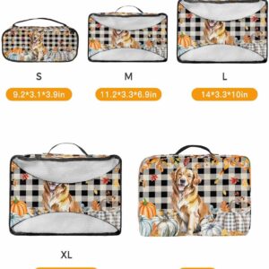 Pet Golden Retriever Dog Pumpkins 4 Set Packing Cubes, Autumn Leaves Packing Cubes for Carry on Suitcase Travel Essential Bag for Clothes Shoes Cosmetics Toiletry