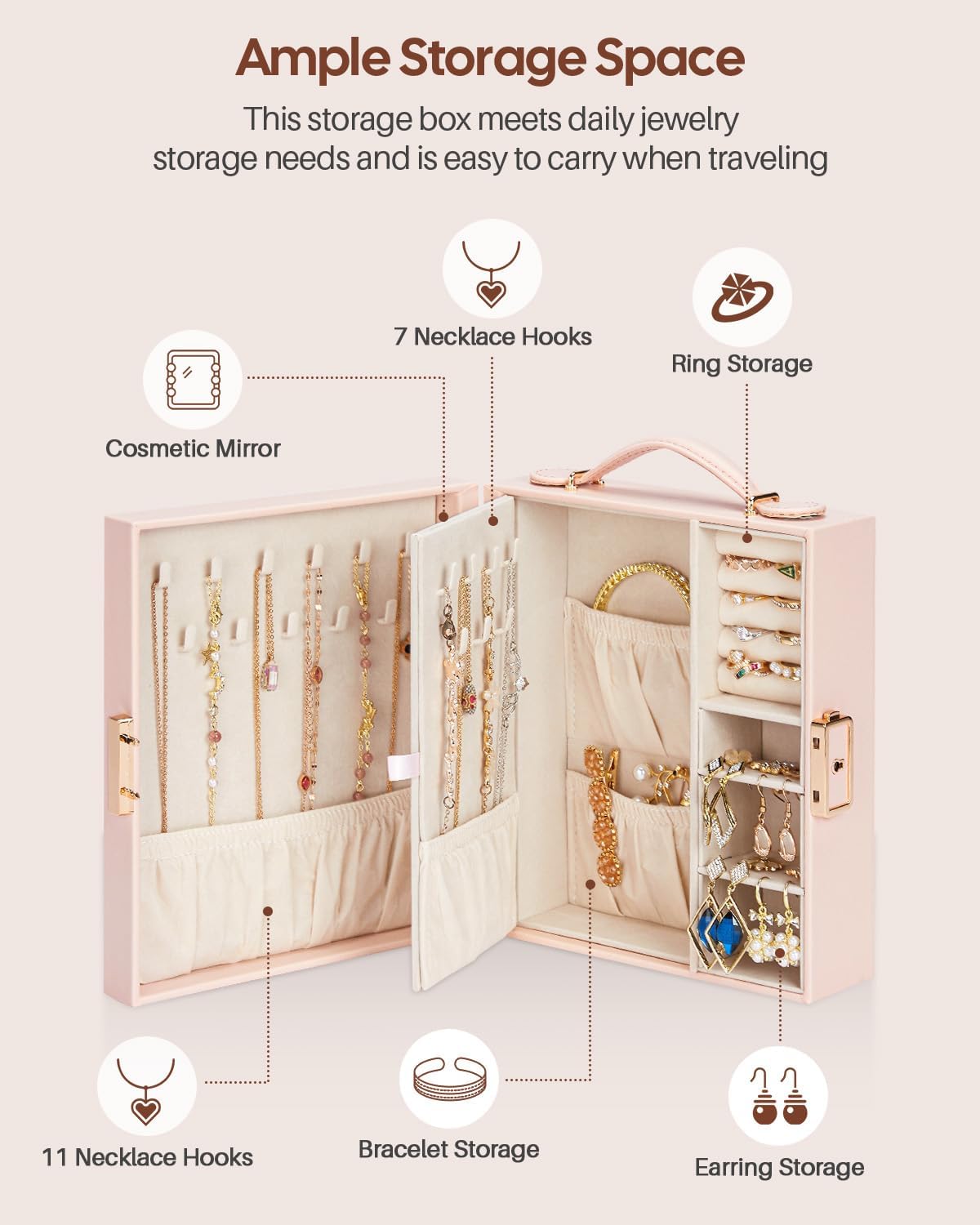 Travel Jewelry Case, Essentials for vacation, Portable Bangle Box with Mirror, PU Leather Small Watch Organizer for Rings, Earrings, Necklaces, Bracelets (Light Pink) - Image 4