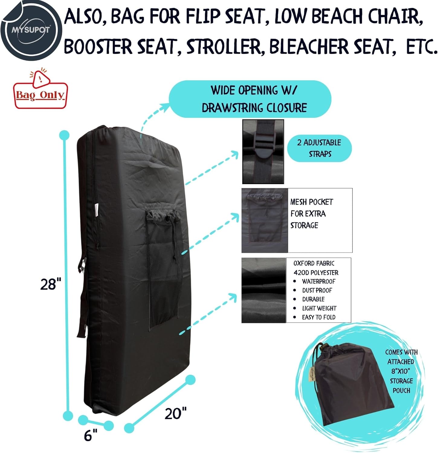 BLACK Tent Bag. Also, for Sleeping Bag, Camping Mattress, Laundry, Beach Chair, Flip or Bleacher or Booster Seat, Dog Bed, etc. Light Duty 420D Polyester w/Adjustable Straps - Image 6