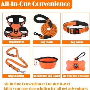 No Pull Dog Harness, Collar & Leash Set | Includes Dog Seat Belt, Collapsible Bowls & Poop Bag Dispenser. Ideal for Training, Walking, Hiking. Fits Small to Large Dogs(Orange-M)