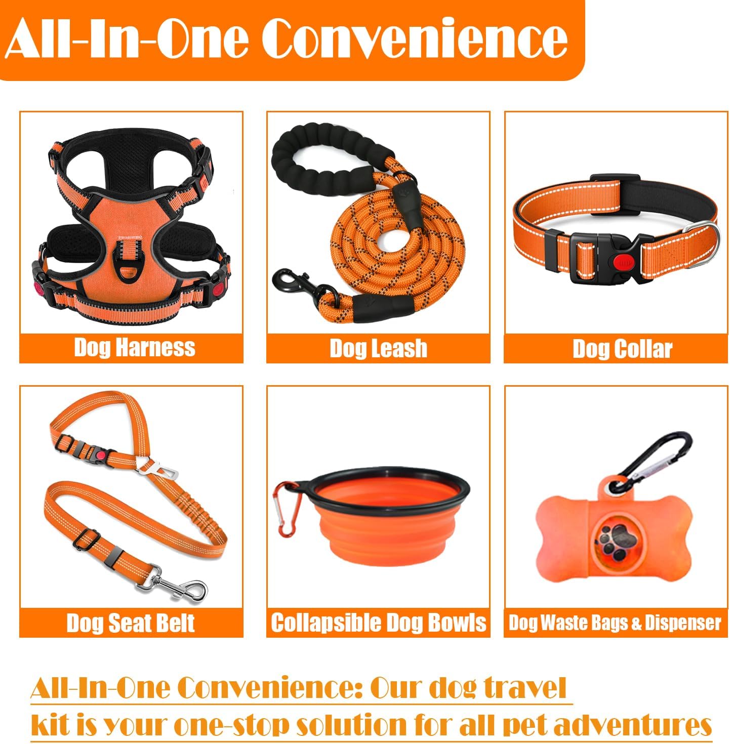 No Pull Dog Harness, Collar & Leash Set | Includes Dog Seat Belt, Collapsible Bowls & Poop Bag Dispenser. Ideal for Training, Walking, Hiking. Fits Small to Large Dogs(Orange-M) - Image 2