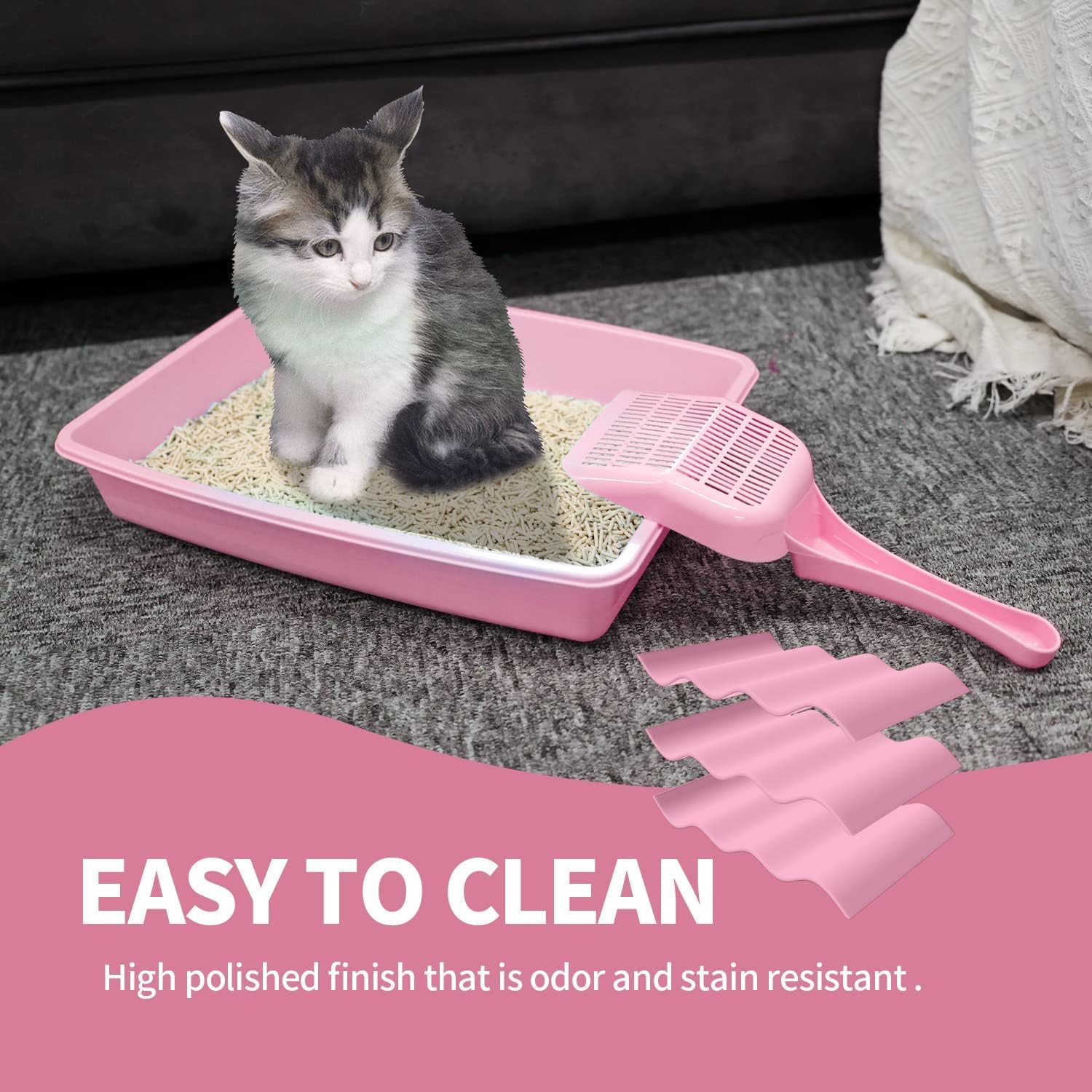 PAWISE Small Cat Litter Box Kit for Kittens – 5‑Piece Kit with Low Entry Litter Pan, Scooper, Feeding Bowls & Mouse Toy – Cat Starter Set for New Kitty Home, Pink - Image 3