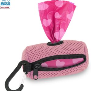 Best Pet Supplies Dog Poop Bag Holder Leash Attachment with 15 Bags, Pink, Reusable Mesh Dispenser Pouch for Travel, Walking, Park, and Outdoor Use, Soft and Durable with Clip-On