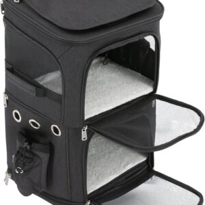 Double-Compartment Pet Rolling Carrier, 22.05 LBS Pet Carrier with Wheels Pet Trolley Bag for Small Dogs and Cats Cat Rolling Carrier for Traveling, Hiking, Camping (Black)