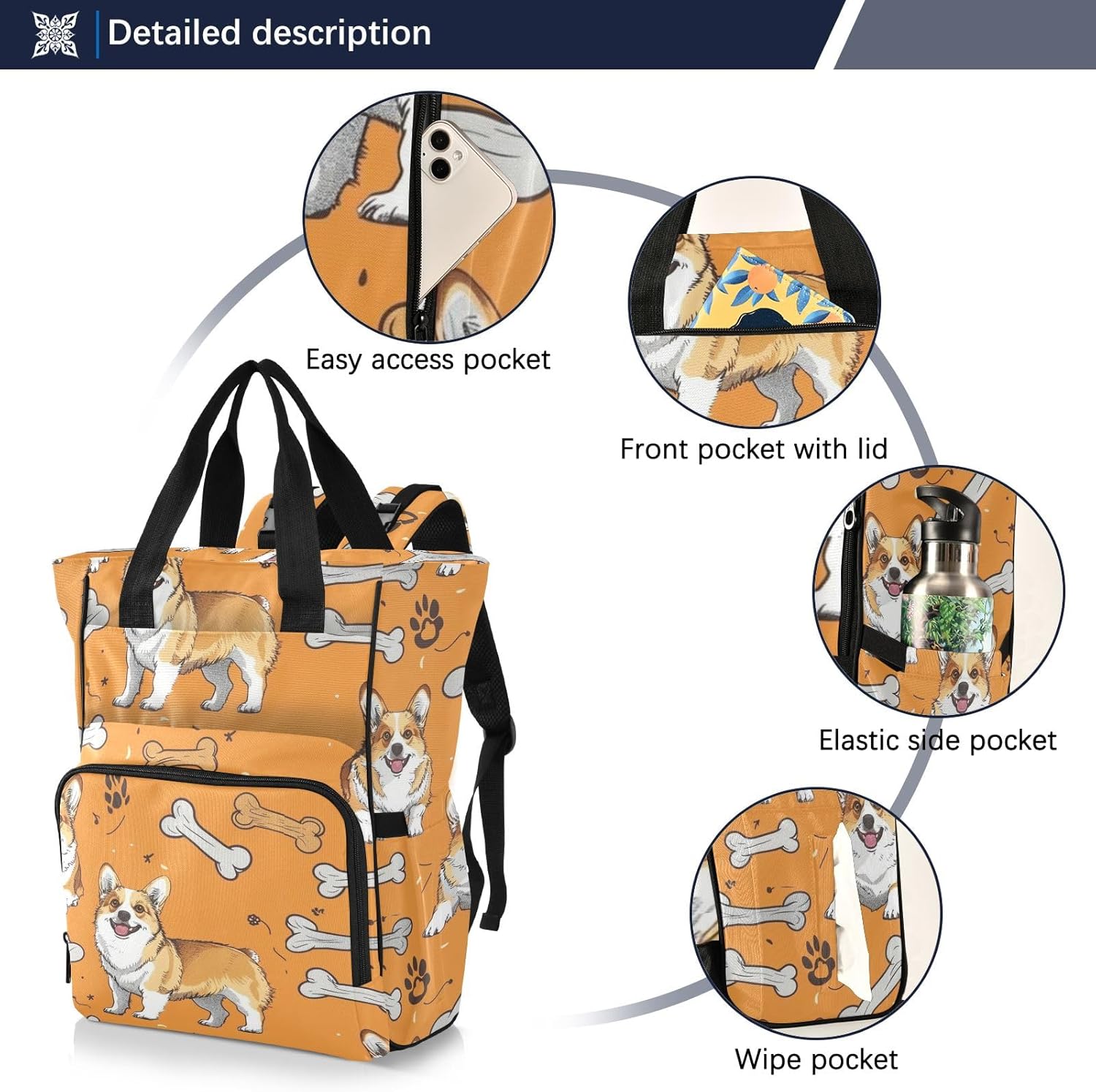 Diaper Bag Backpack Tote Multifunction Baby Nappy Changing Bags Dog Bones Large with Stroller Straps Travel - Image 2
