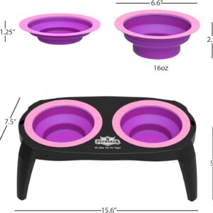 Elevated Cat and Dog Food Bowls with Non-Slip Stand – Removable and Collapsible Silicone Feeder for Food and Water – 16-Ounces Each by PETMAKER (Pink)