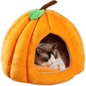 Cat Beds for Indoor Cats and Small Dog,Cute Pumpkin Shape Cat Sleeping Bag with Removable Washable Cushioned Pillow,Soft and Warm Indoor Cat House (Orange, Large)