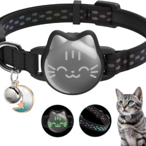 Waterproof Airtag Cat Collar, Breakaway Cat Airtag Collar with Luminous & Reflective Fish Pattern, Lightweight Kitten Collars for Apple Air tag, Hidden GPS Tracker Holder for Cats, Kittens(9-13")