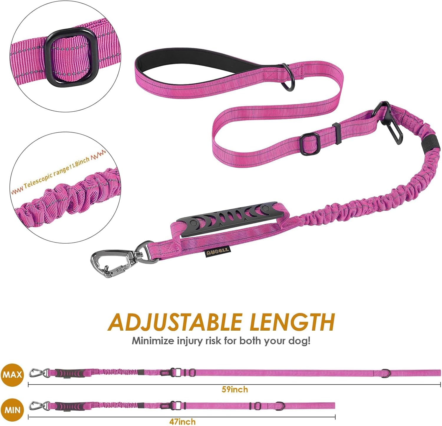 AUBELL Tactical Dog Leash Heavy Duty,4-6ft Reflective Strong No Pull Bungee Leash for Medium Large Dogs with Comfortable Padded Double Handle,Car Seat Belt,360 Degree Rotating Carabiner,Pink - Image 7