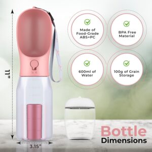Dog Water Bottle – Portable Pet Water Bottle with Food Container & Poop Bag Dispenser – Lightweight, Leak Proof & BPA Free Dogs Drinking Bottle for Walking, Hiking & Travel (Pink)