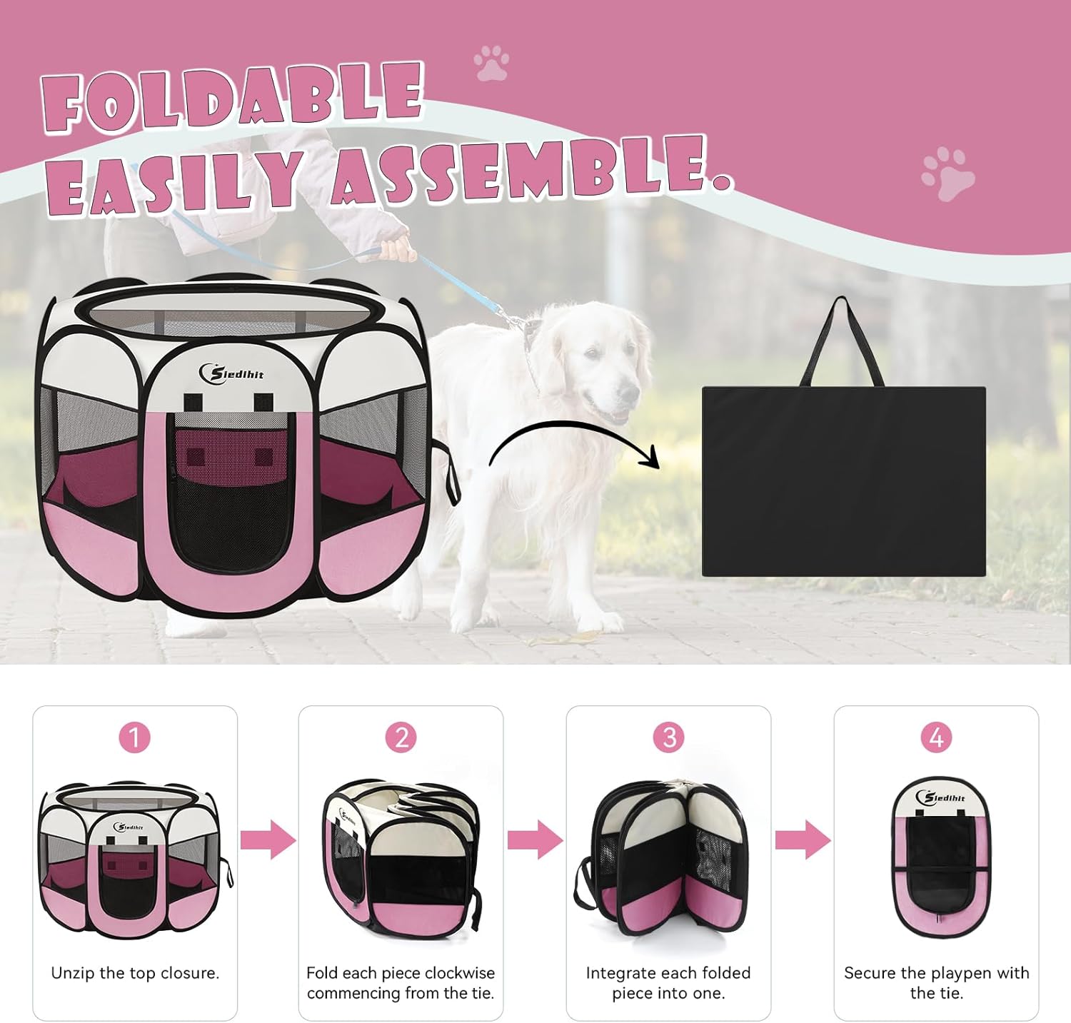 Pink Puppy Playpen for Middle Dog Cat, Dog Tent Crates Cage Indoor/Outdoor, Portable Pop Up Dog Kennel with Carrying Bag for Rabbits, Removable Top (Pink, Medium (36" x 36" x 23")) - Image 6